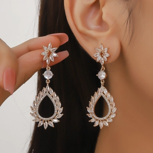 Elegant rose gold waterdrop earrings with micro-inlaid white zircon stones for women