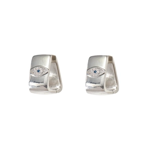 Square silver geometric evil eye earrings with micro-set blue zircon and wide band