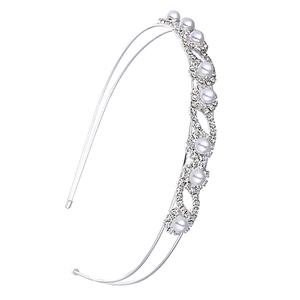 Elegant bridal headband with double-layered silver band, sparkling rhinestones and white pearls