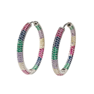 Rainbow hoop earrings with colorful cubic zirconia stones in silver finish