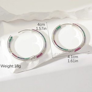 Silver large hoop earrings with colorful cubic zirconia stones and 4.1cm diameter