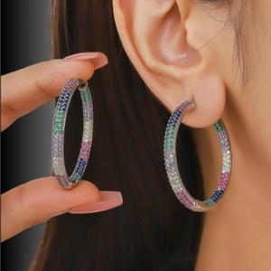 Trendy Multicolor Zirconia Inlaid Hoop Earrings For Women Personalized Copper Gold Silver Plated Rainbow Circle Jewelry Earrings