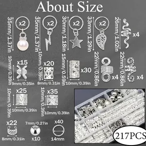 217pcs silver hair jewelry rings set with charms and size chart in transparent box