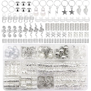 217pcs silver metal hair jewelry set with beads and pendants in a storage box