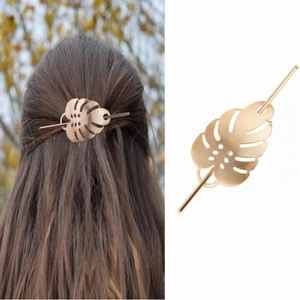 Hollow Out Monstera Leaf Hair Stick Alloy Brushed Metal Hairpin Vintage Nature Gold Silver Chignon Pin Women Fashion Hair Accessory