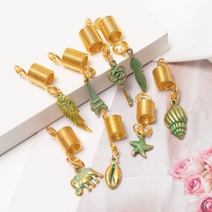 Vintage Legierung Spirale Dreadlock Perlen Gold Lackiert Haarringe Mit Elefant Seestern Feder Anhänger Bohemian Haarschmuck Für Damen