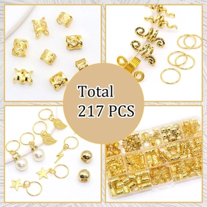 217 PCS gold braid accessories set with metal rings and charms in a storage box