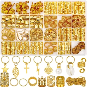 Detailed set of 259pcs gold hair rings and pearl charms in a 24-compartment storage box