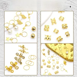 Detailed view of gold braid hair accessories including star, leaf, and shell charms