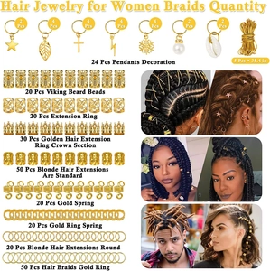 Detailed overview of 259pcs gold hair jewelry set for braids with various charms