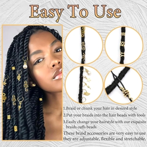 Detail view of 217pcs gold braid hair accessories showing easy use and various charm styles