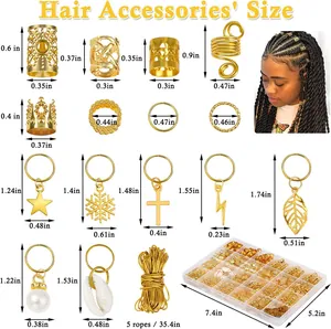 Detailed size chart for 259pcs gold hair rings, charms, and braid accessories in storage box