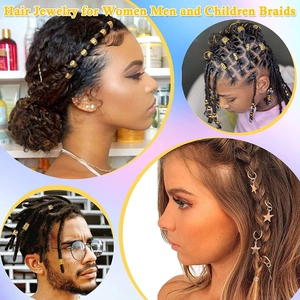 Diverse hair jewelry set showing various gold rings and charms worn on different braid styles