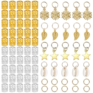 Flat lay of 80pcs dreadlock jewelry set with gold and silver hair rings and charms