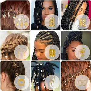 Detail showing various gold hair rings and pendants for braids and dreadlocks