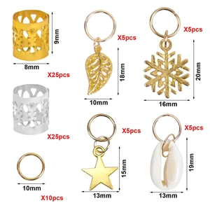 Detailed size specifications for DIY hair jewelry kit featuring gold and silver charms