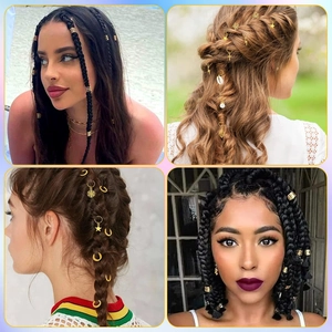 Close-up of golden braid rings and charms styled on diverse braided hairstyles