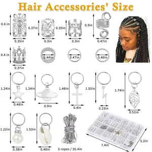 Size chart showing gold pearl pendants, hollow crowns, and braid rings hair accessories set