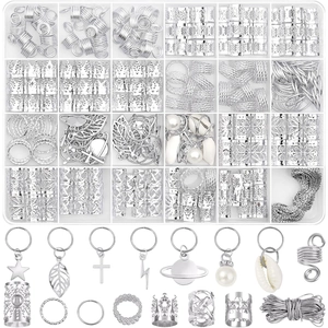 259pcs silver hair jewelry kit with crown rings and pearl charms in 24-grid box