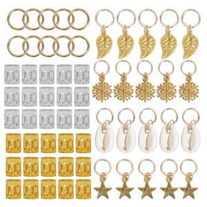 80-piece gold and silver dreadlock accessories set with metal rings and leaf pendants