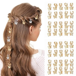 Lot de bagues à cheveux papillon or et argent pour tresses avec breloques et anneaux métal