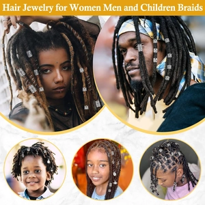 Detailed close-up of various gold hair jewelry charms for braids and dreadlocks