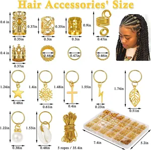 Tableau des tailles détaillé des bijoux de cheveux et anneaux de tresse en métal doré