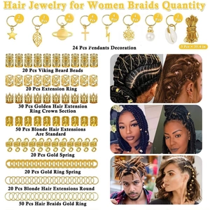 Set de 259 bijoux de cheveux dorés avec breloques, anneaux et manchettes pour tresses