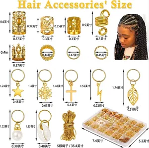 Size chart for 259pcs golden hair braid accessories including rings and pendants in box