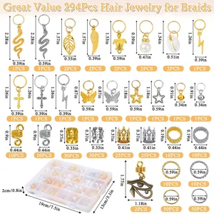 Size chart showing 294pcs dreadlock hair jewelry set including rings and hollow pendants
