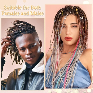 Detail showing various gold and silver hair rings and charms on male and female models