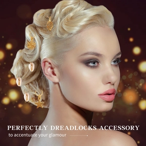 Detailed hair charms styling with gold stars shells and leaves for braided hair look