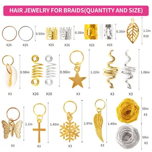 Detailed size chart for hair jewelry set with rings, charms, and metallic cords for braids