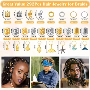 Kit de 292 accessoires pour dreadlocks dorés et argentés avec charms et guide des tailles