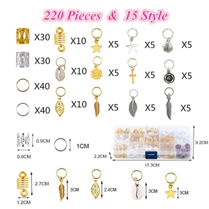 220-piece DIY hair jewelry set with assorted gold and silver pendants in a storage box