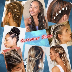 Customer show featuring diverse hair braid accessories and golden charm pendants