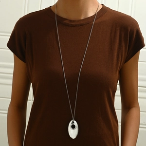 Minimalist silver long sweater chain necklace with oval water drop black pendant