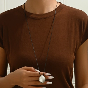 Minimalist Alloy Water Drop Pendant Necklace For Women Punk Style Black Cord Long Sweater Chain Silver Tone Mirror Polished Jewelry