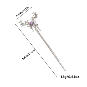 Silver vintage deer antler hair pin with purple teardrop gemstone and dimensions 15cm