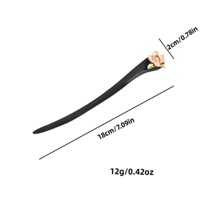 Vintage ebony wood hair stick with pink flower and gold leaf details for buns