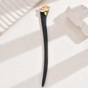 Vintage ebony wood hair pin with pink flower design for traditional hanfu hairstyles