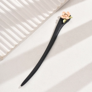 Vintage ebony wood hair stick with pale pink flower and green leaf decor for women