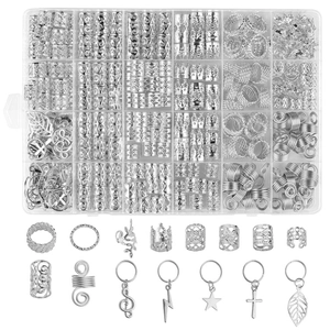 Set de 275 bijoux de dreadlocks en argent avec anneaux creux et pendentifs dans une boîte