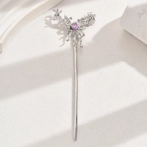Silver vintage butterfly hair stick with purple gemstone in traditional Chinese style