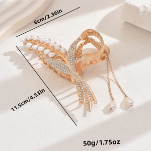 Elegant gold metal hair claw clip with rhinestones, pearls and tassel, size 11.5x6cm