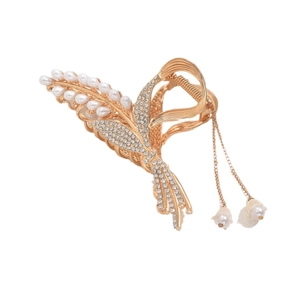 Elegant gold wheat ear hair claw clip with rhinestones, pearls and lily tassel chains
