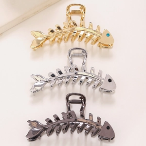 Metal Fish Bone Hair Claw Clip For Women Elegant Alloy Shark Clip With Rhinestone Eye Gold Silver Gun Black Hair Accessory