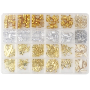 Detailed top view of a 220pcs DIY dreadlock accessory kit in a transparent storage box
