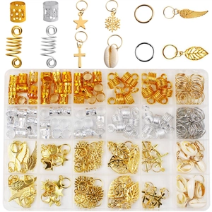 Detailed set of 220 gold and silver charms for dreadlocks including stars and snowflakes