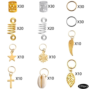220pcs DIY dreadlock hair jewelry set with gold and silver alloy charms and rings